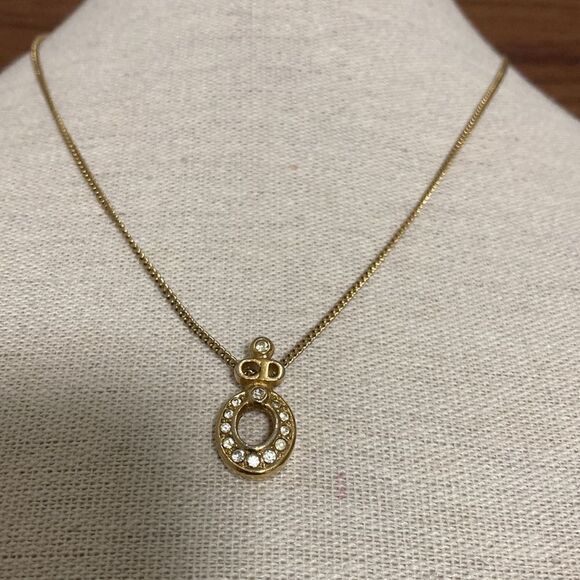 Christian Dior Vintage Logo Gold Plated Crystal Oval Pendant Necklace. 1990’s. - Picture 1 of 6